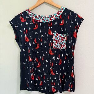 Anthropologie Porridge Sailboat Print Mixed Media Top - Size S